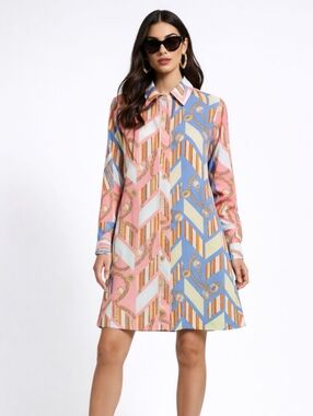 Gracia Multicolor Chain Print Aline Funky 70s Tunic Shirt Dress.